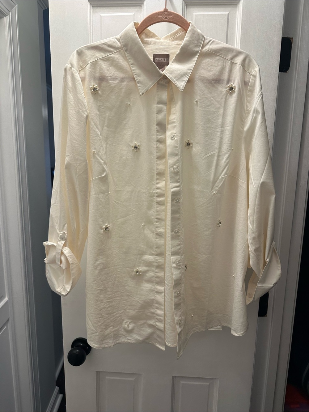 Chico's Ivory Embellished Button-Down Shirt